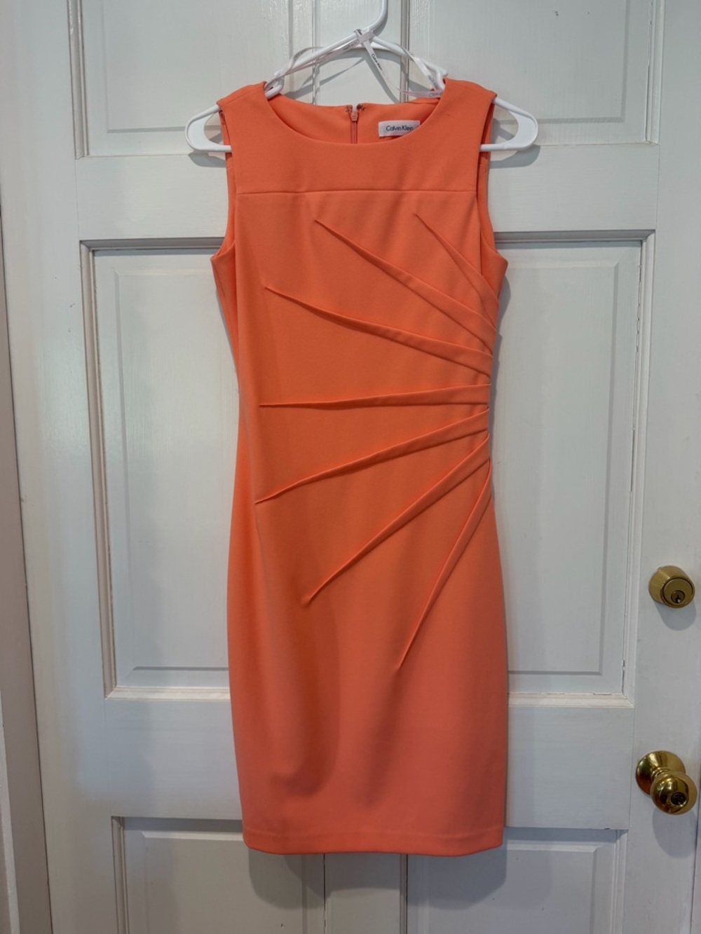 Calvin Klein Coral-Orange Sleeveless Pleated Sheath Dress
